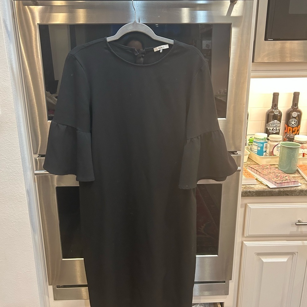 Ganni Black bell Sleeve Dress size 38 (has small stain see photos)